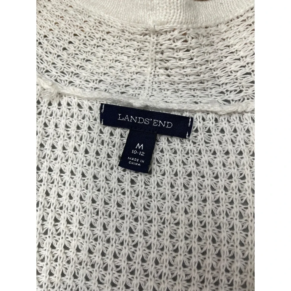 Lands‎ End Womens Medium White Navy Blue Striped Linen Cotton Cardigan Sweater